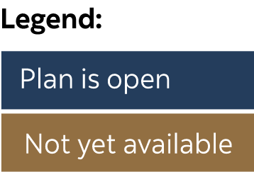 Legend: Blue: Plan is open - Brown: Not Yet available